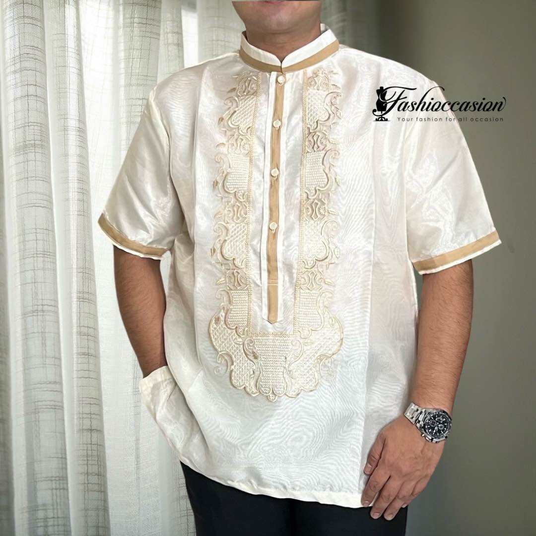 Barong Tagalog Short Sleeve W Mocca Piping Chinese Collar Lazada PH