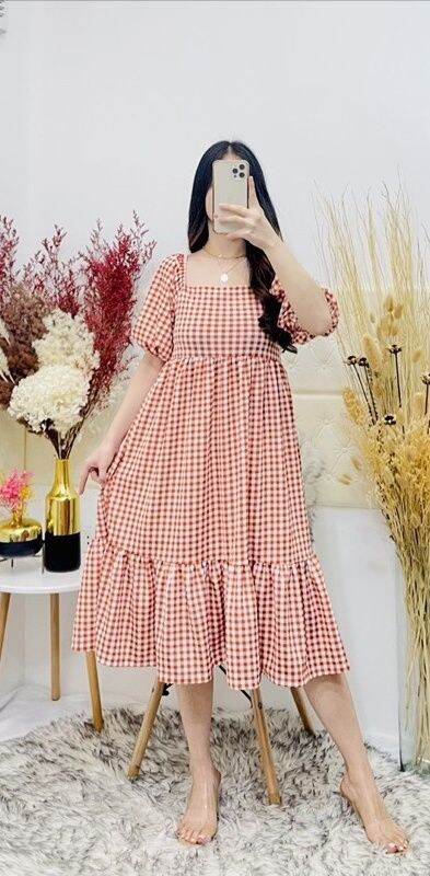 TWO WAY PUFF SLEEVE BABYDOLL DRESS GINGHAM RUST | Lazada PH