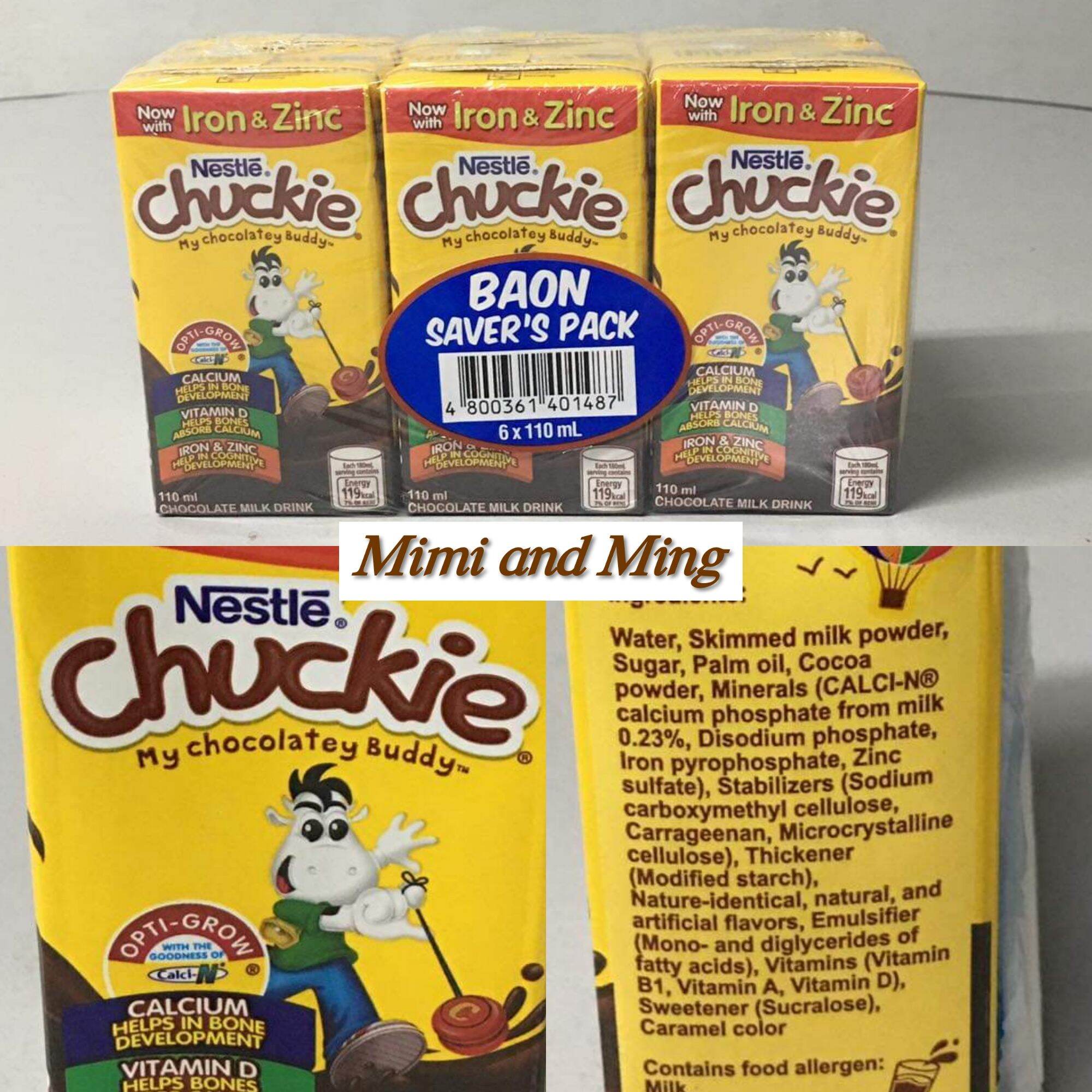 Nestle Chuckie Chocolate Milk Drink. Baon pack. Sold by 6's. . Now with Iron and Zinc.