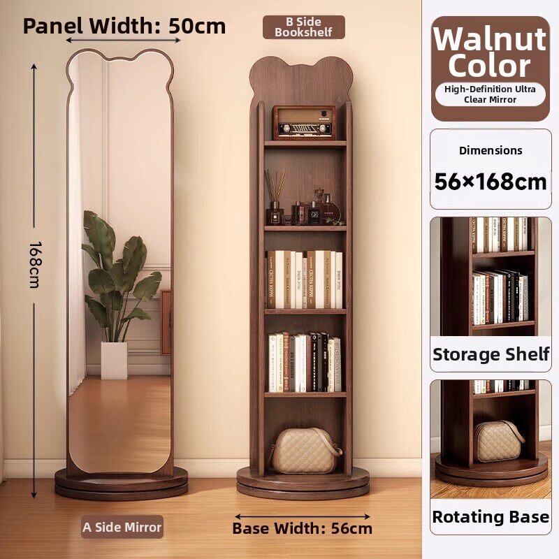 Rotatable Mobile Storage Full-length Mirror with Bookshelf