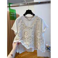 AIYITI | Plus Size Bohemian Style Hollow Out Knitted Vest Loose Belly Covering Short Sleeve Womens Top Summer Thin Polyester Fiber