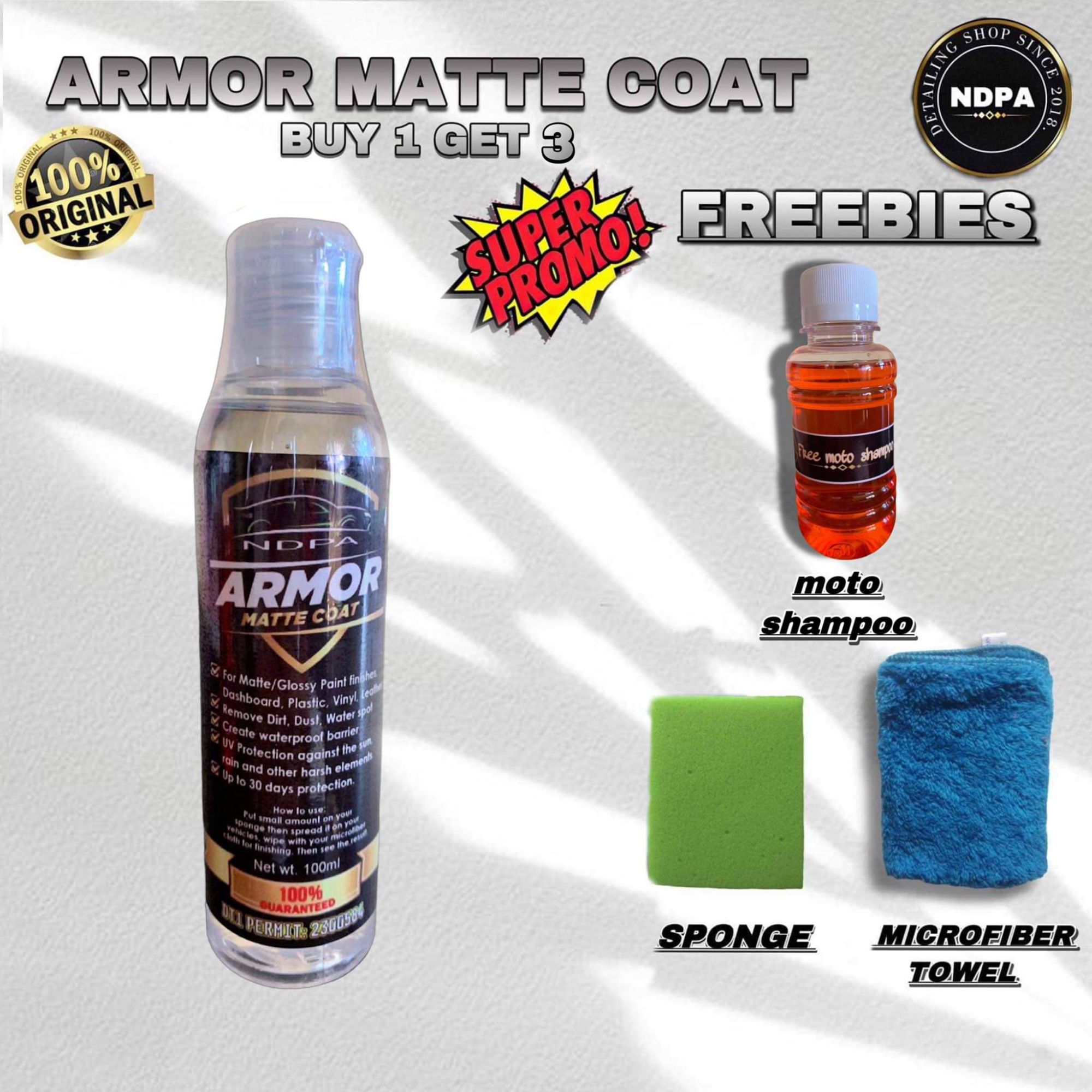 Armor matte coat 100ml with free sponge,microfiber cloth, & moto shampoo