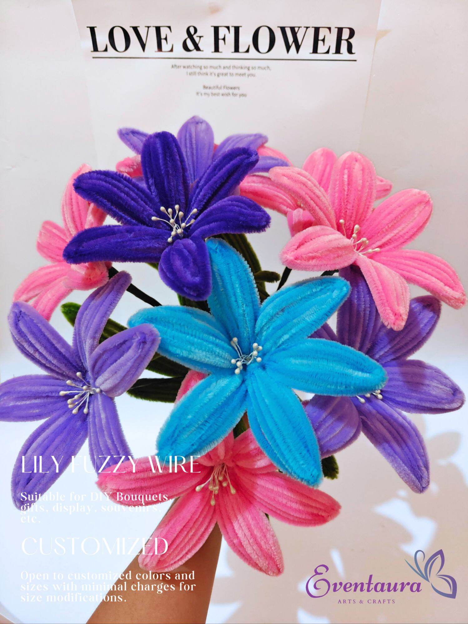 1pc Handcrafted Lily Fuzzy Wire Pipe Cleaner Artificial Flower for DIY Bouquet Gifts Decoration