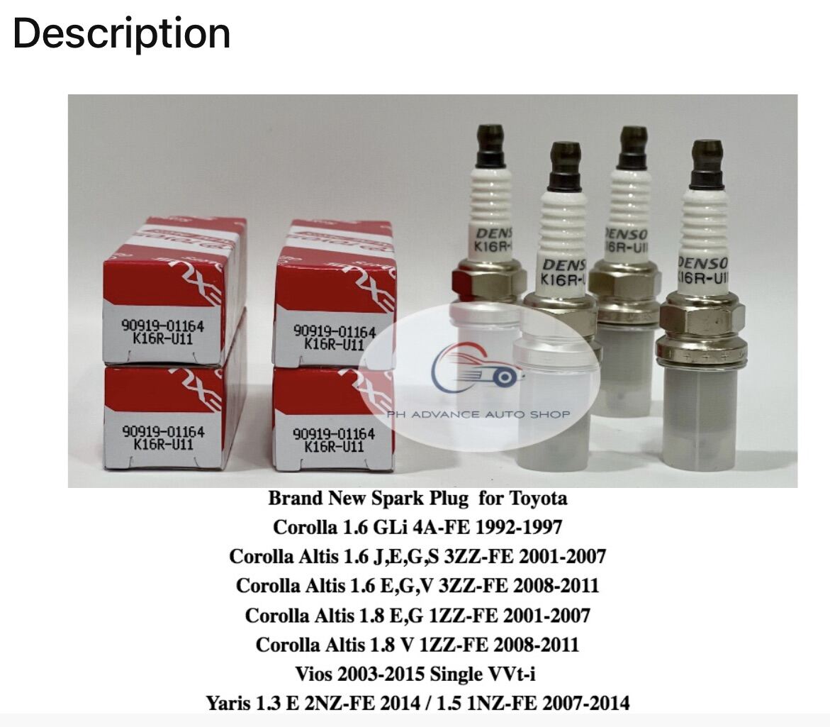 Spark Plug Toyota Vios / Corolla Altis  / Yaris 90919-01164 (4 PCS). 