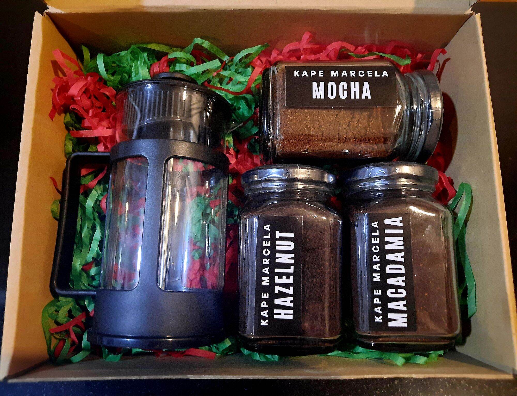 COFFEE GIFT SETBOX M (300 ML FRENCH PRESS PLUS 3 BOTTLES OF COFFEE