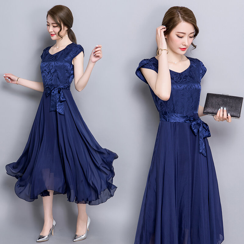 2020 New Style Elegant WOMEN'S Short Sleeve Shirt Silk Dress Slim Fit Expandable A- line Pleated Skirt Plus-sized Blue