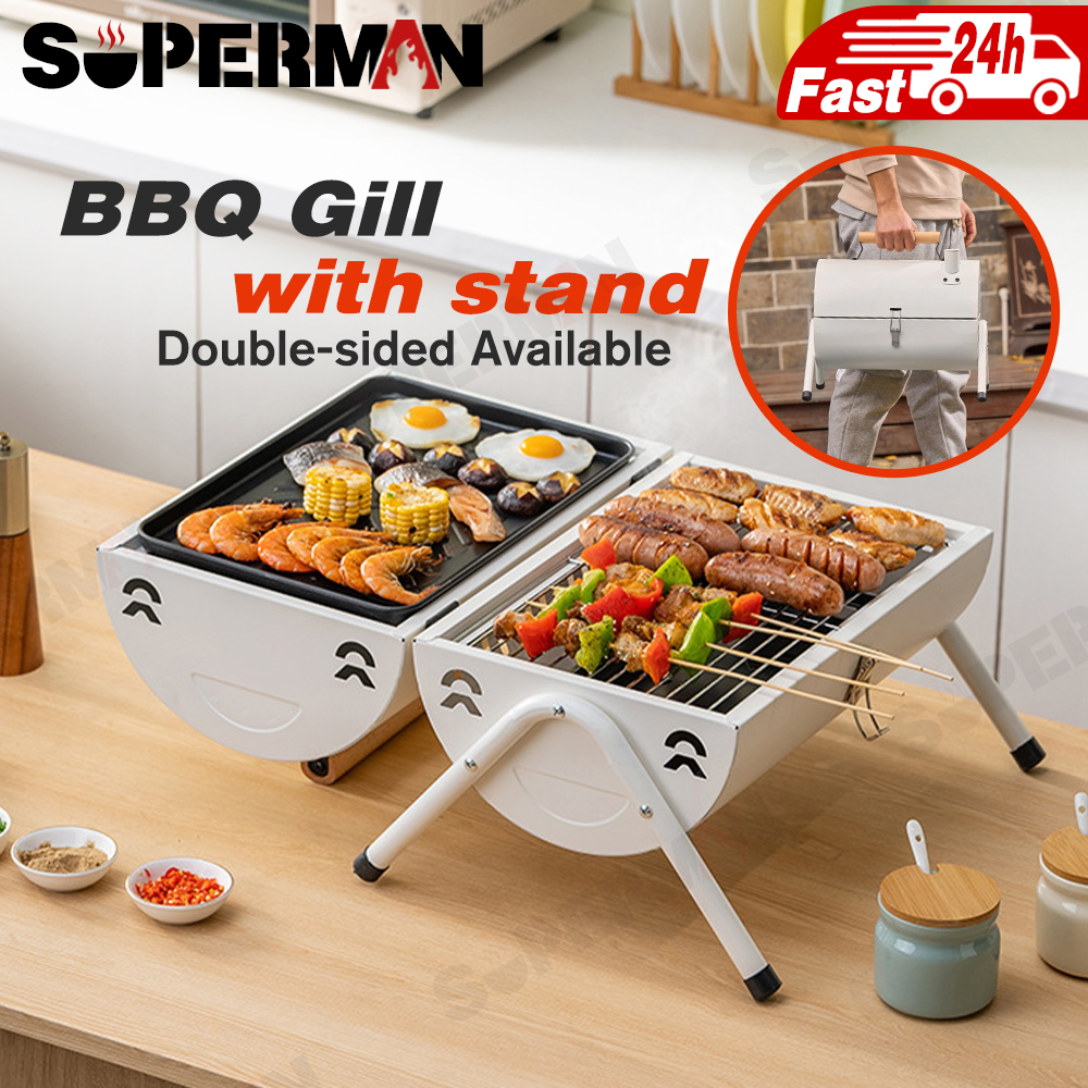 SUPERMAN Portable Stainless Steel BBQ Grill with Stand, Multifunctional