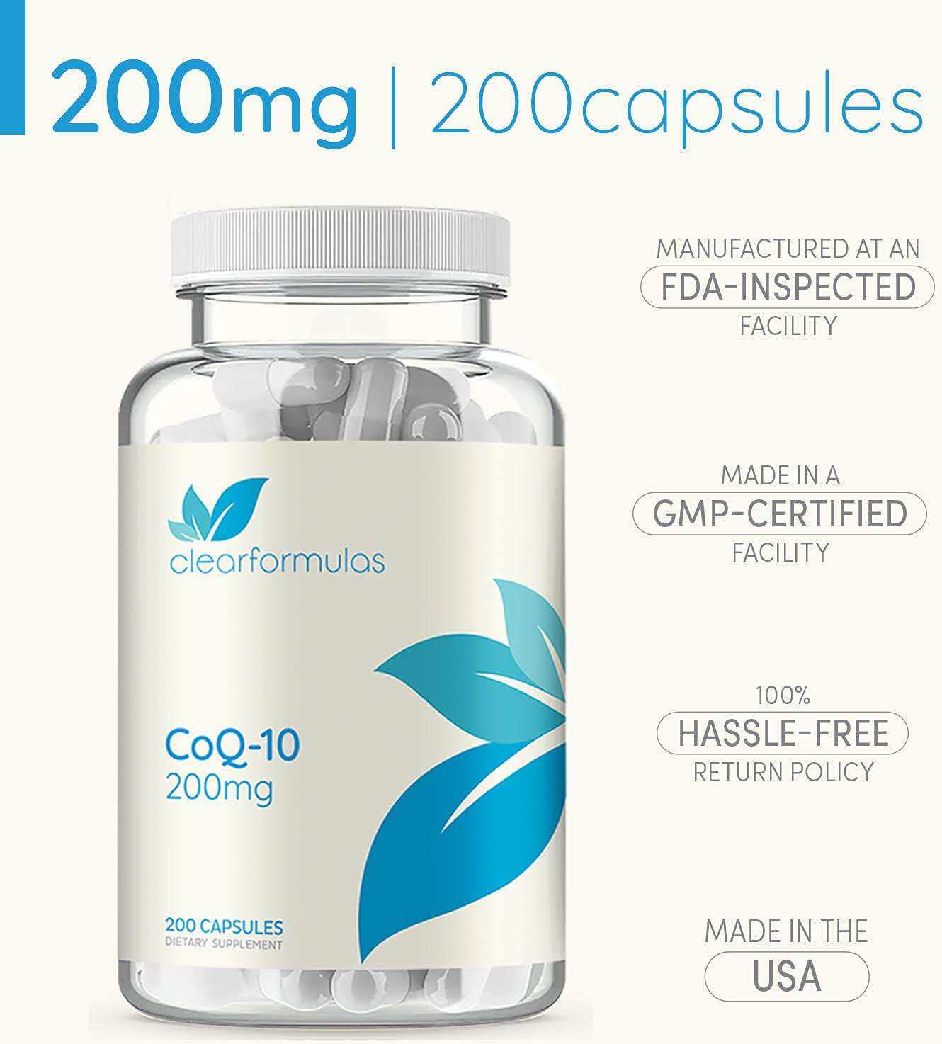 Clear Formulas CoQ10 200mg 200 Capsules Quick Absorption Non-GMO Expiration Date:April 2026.. 