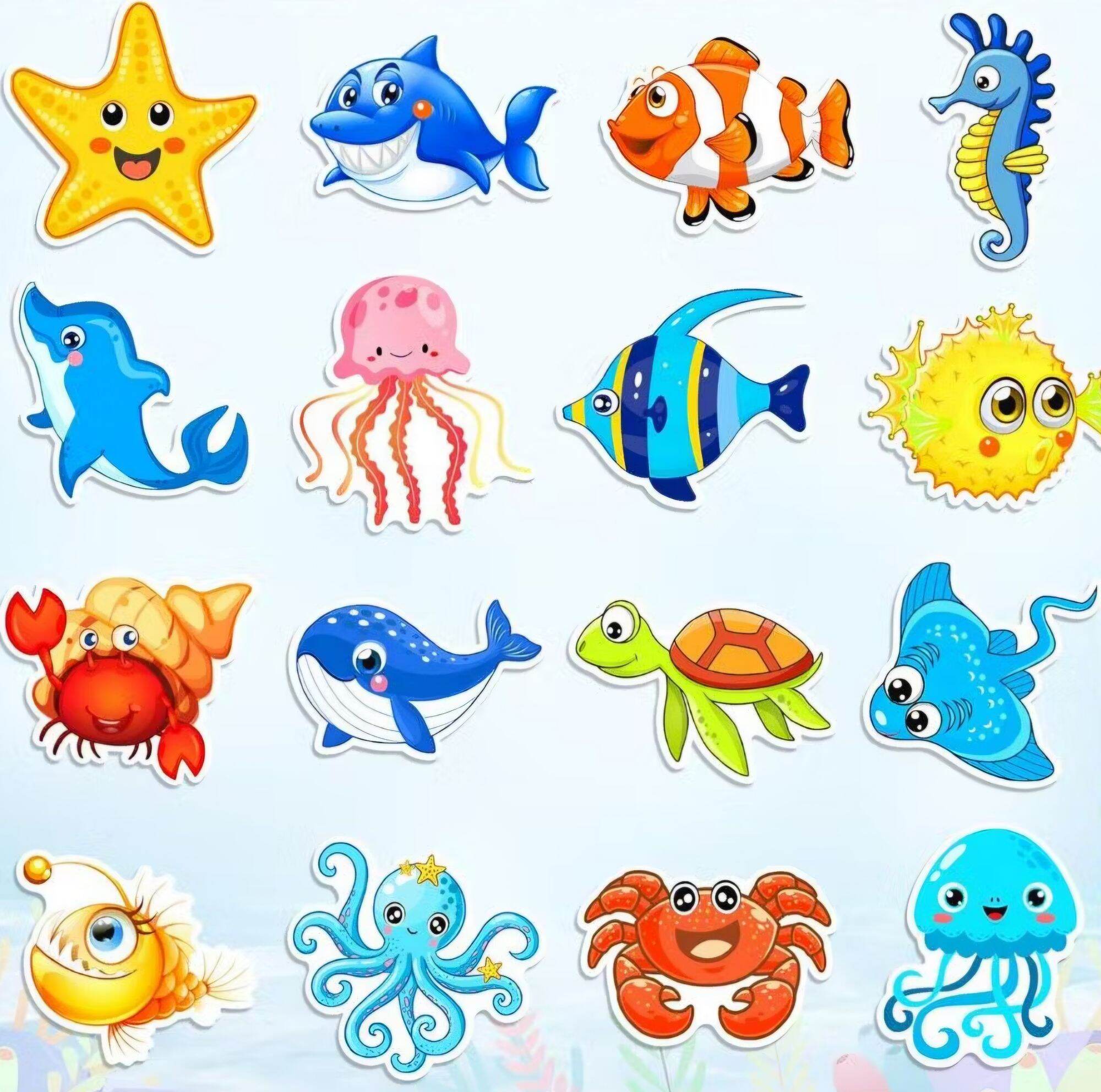 50 PIECES Cartoon Ocean Animal Stickers: Starfish Shark Clownfish Seahorse Jellyfish Angelfish Pufferfish Crab Whale Turtle Stingray Octopus Jellyfish. 1.5 INCHES