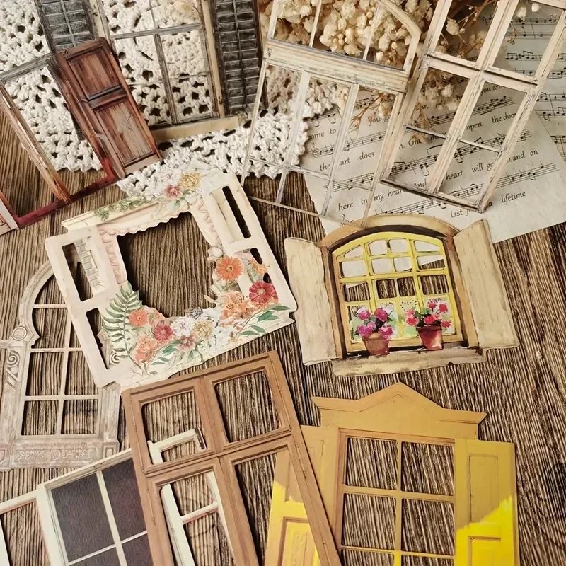 10 Pcs Laser Hollow Doors Windows Stickers Junk Journal Planner Scrapbooking Vintage Decorative DIY Craft Material supplies