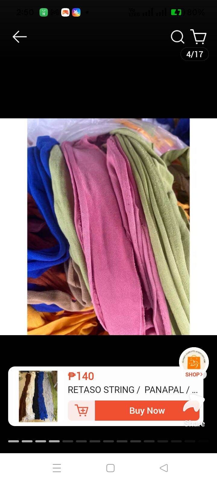 TELA STRING pang gawa ng basahan... cotton spandex pinag tabasan mula sa garment minsan may malapad minsan maliit Pero sure po ako na walang mugmug...kung ano po available na stock yon po ipapadala namin sa Inyo NO choosing of color