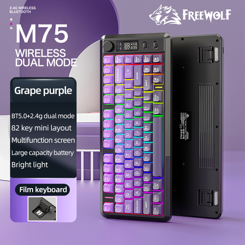 Tastiera Wireless FREEWOLF M75 - Bluetooth E 2.4G, 82 Tasti Compatti, Manopola Controllo Volume, Display, Retroilluminazione Arcobaleno