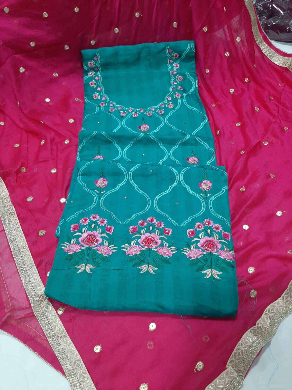 Party wear Unstitch Punjabi silk suit with ghera work and neck work ...