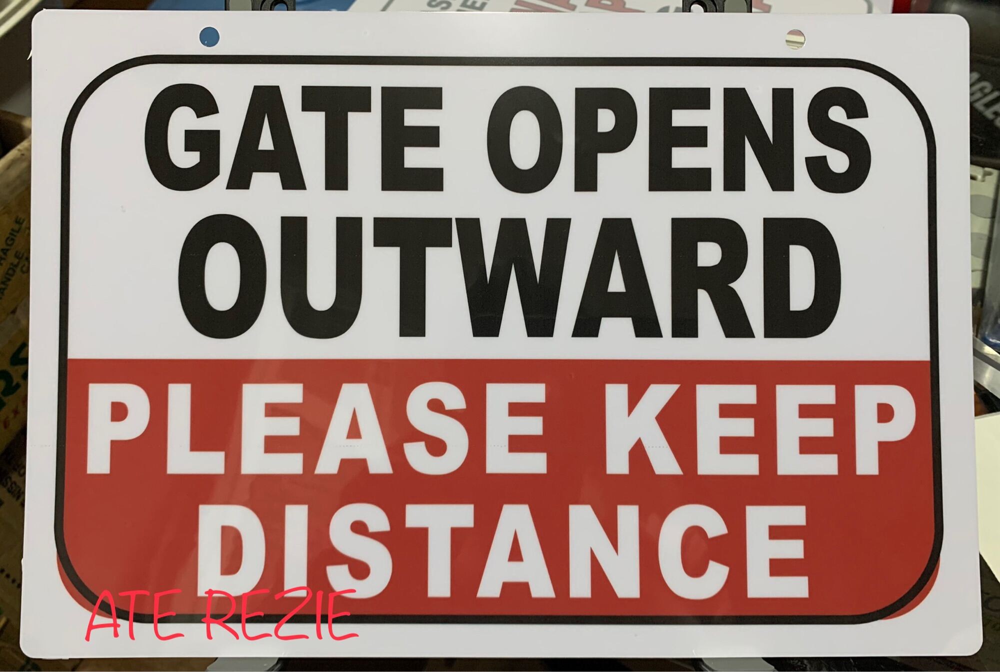 GATE OPENS OUTWARD PLEASE KEEP DISTANCE PVC Wall Signage 7.8x11 inches