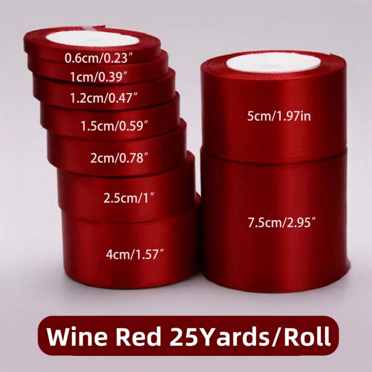 (25yards/roll) Red /Burgundy 6-40mm Satin Ribbon for Valentines Day Christmas Wedding Gift Wrapping Craft DIY Handmade Bows