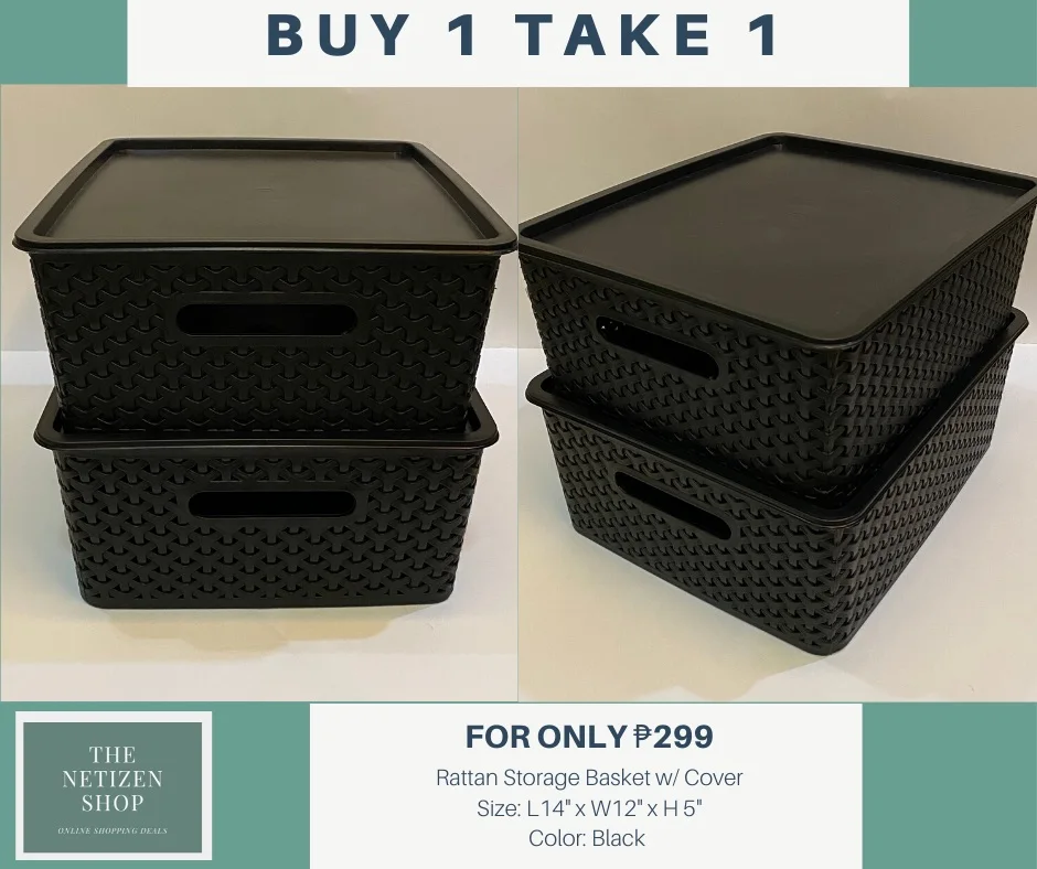 Rattan Style Plastic Storage Basket with Lid - Black - S