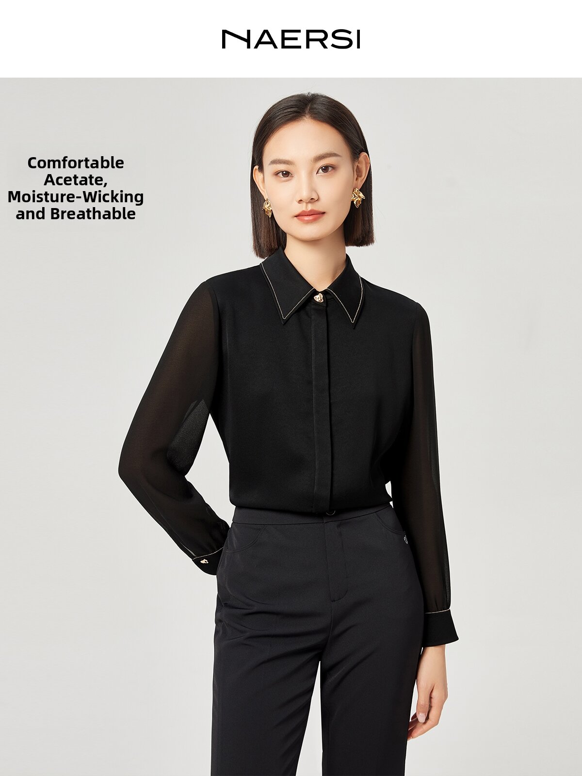 NAERSI | Vinegar Based Autumn/Spring Shirt with Sparkling Black Chain Decoration - Brand NAERSI Presyo 10,158 Piso*Libreng Shipping