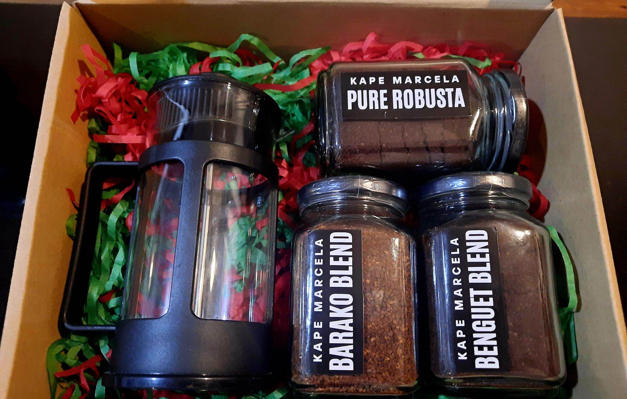 COFFEE GIFT SET BOX K (300 ML FRENCH PRESS PLUS 3 BOTTLES OF CLASSIC