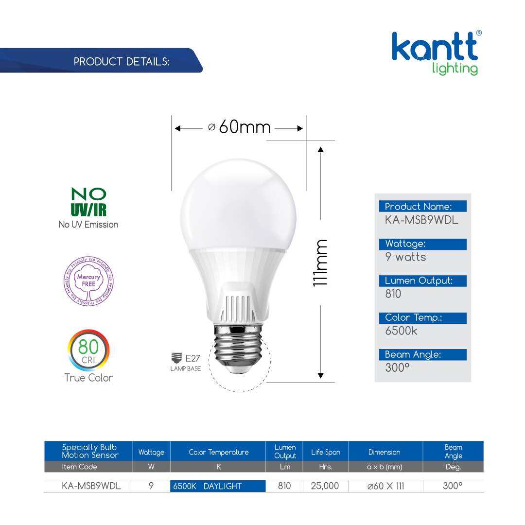 Kantt Lighting Daylight Motion Sensor LED Light Bulb - 9 Watts | Lazada PH