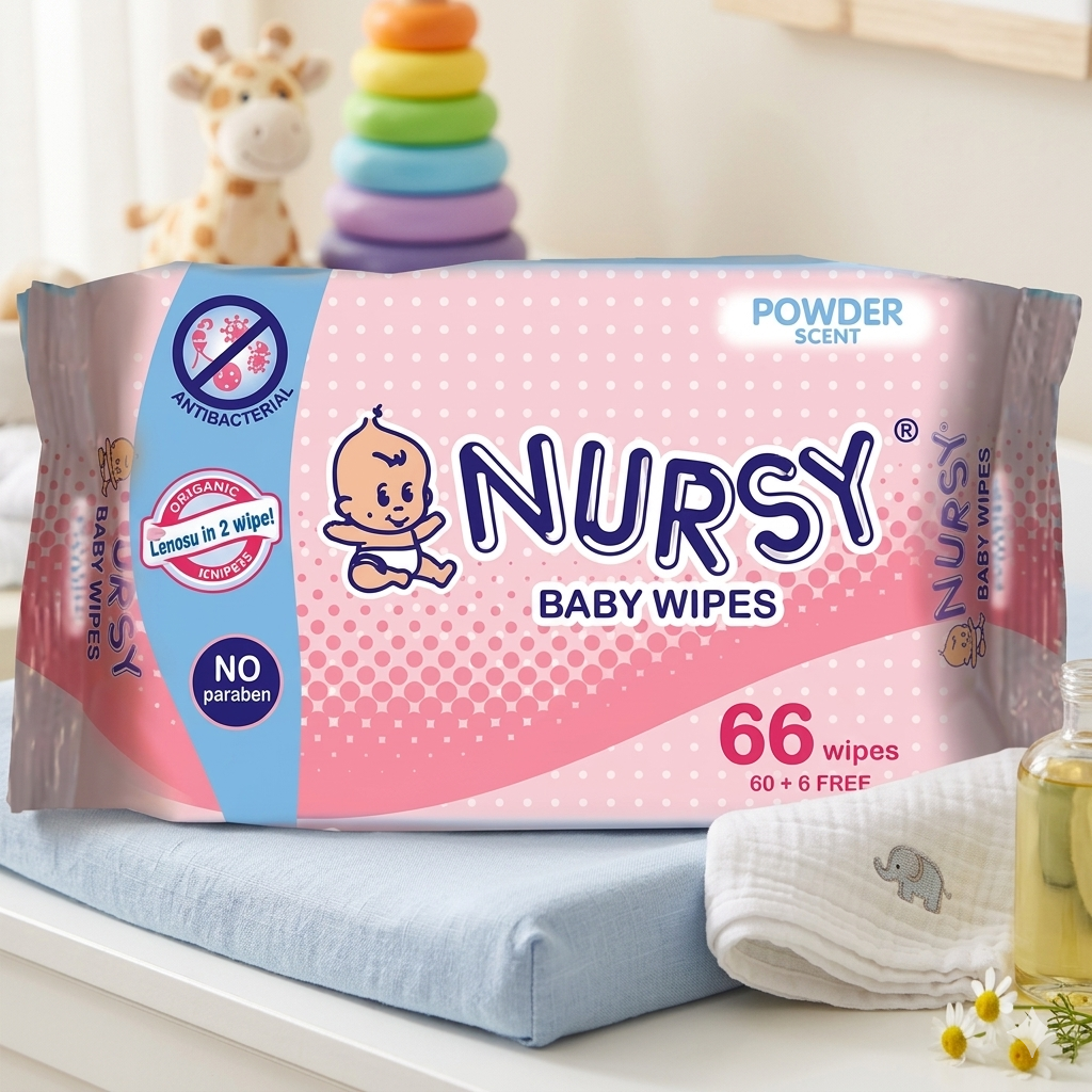 Nursy Baby Wipes Powder Scent 66 Count with No Parabens and Antibacterial Properties