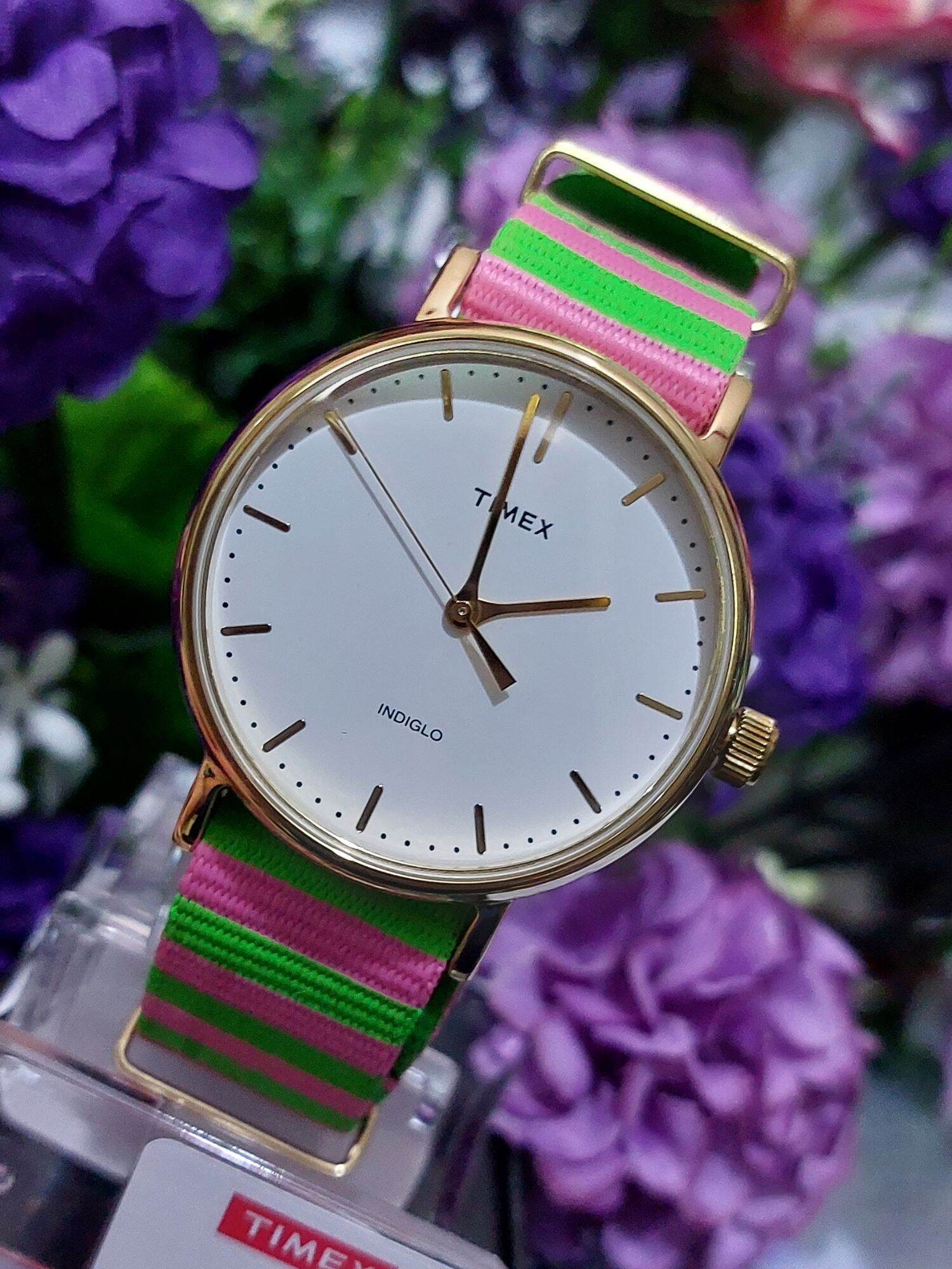 Timex Fairfield TW2P91800 Gold Tone Watch Nylon Pink Green NATO Strap New Women main image 4