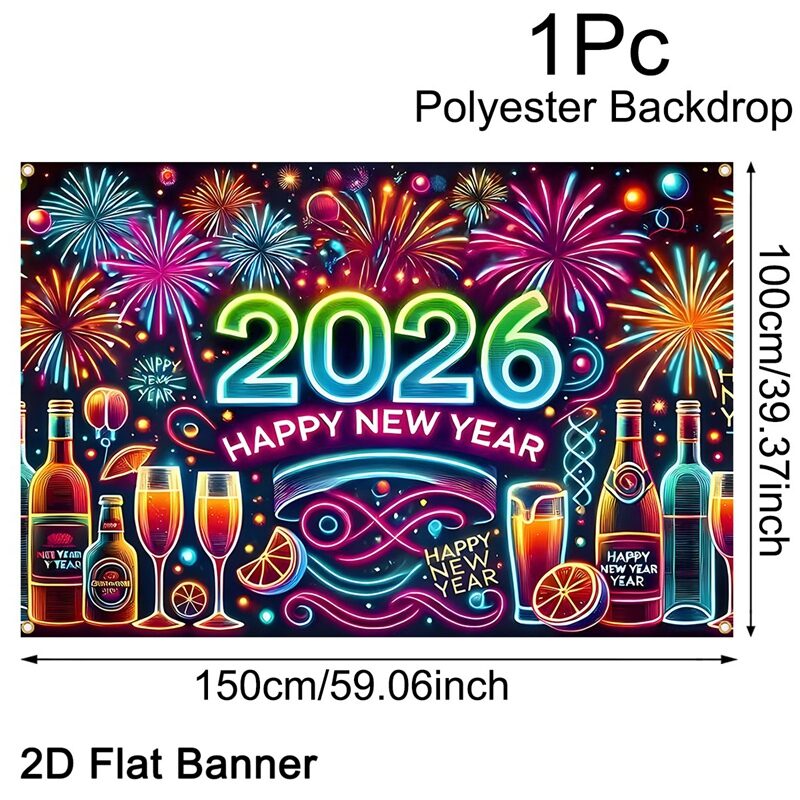 2026 Happy New Year Backdrop Banner Fireworks Champagne New Year Celebrations Christmas Party Photo Background Decoration Banner