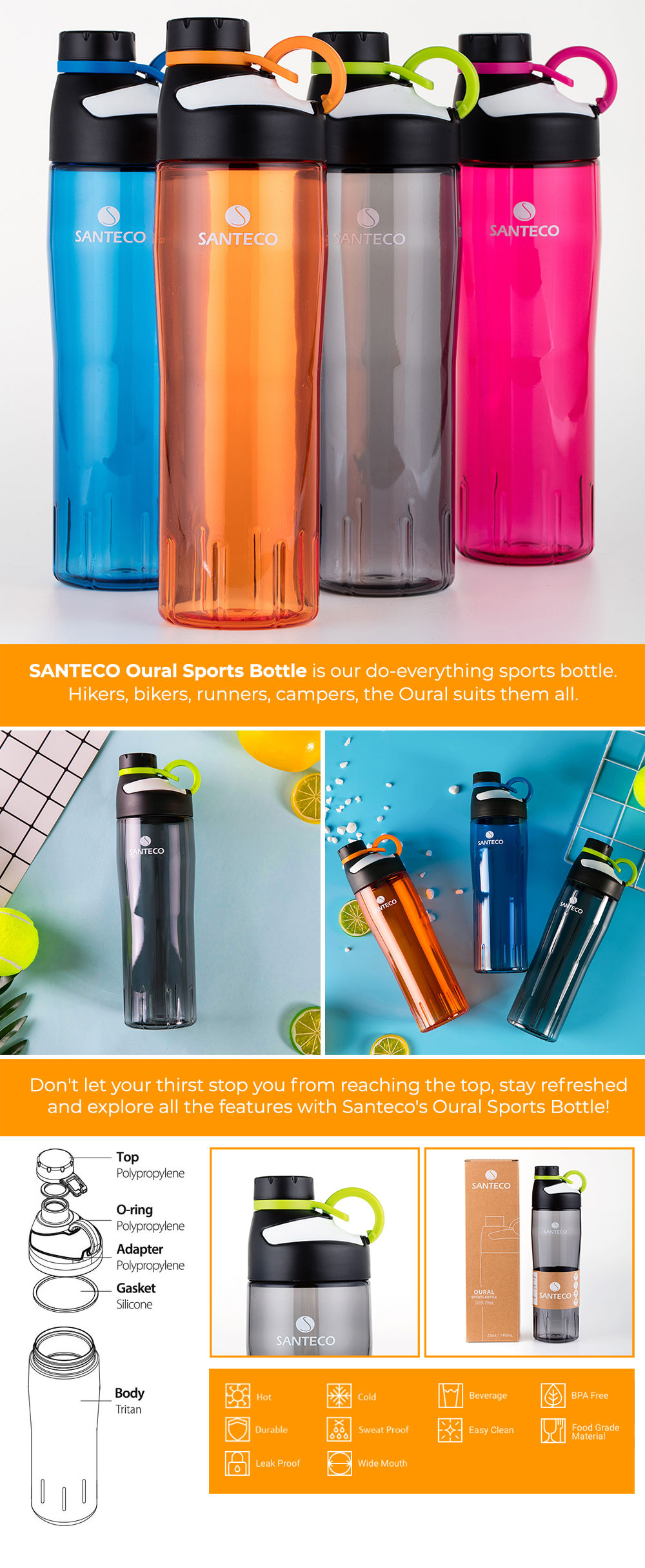 SANTECO Oural Sports Bottle, 25 oz, Tritan