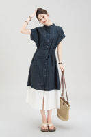 Nurture One | Navy Blue Retro Checkered Stitching Short Sleeve Dress Loose Slimming Summer Dress