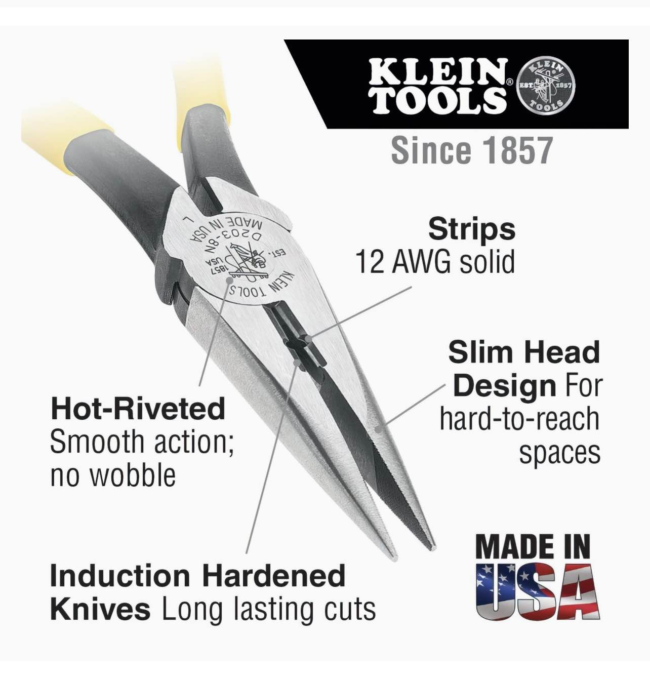 Klein Tools D203-8 Needle Nose Pliers, Long Nose Side Cutters