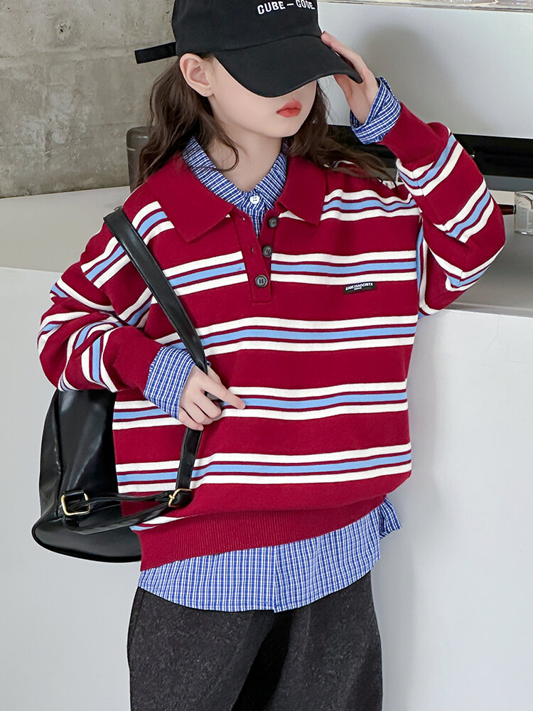 MPW | Girls' Knitted Sweater Striped Casual Style Medium To Large Children Fashionable Spring Autumn Versatile Long Sleeve Polo Neck Presyo 1,877 Piso*Libreng Shipping