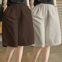 Lieoyuarn | High Waist Cotton Linen Culottes Shorts Summer Straight Cut Wide Leg Shorts for Women Breathable Casual Beach Shorts White Yellow