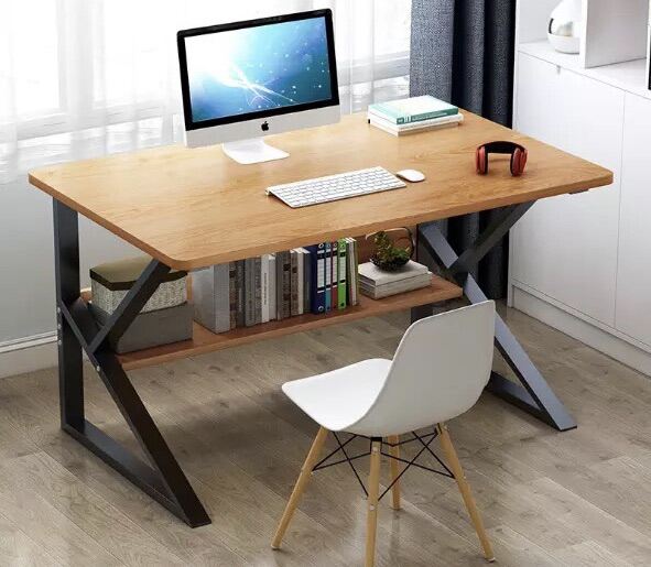Computer study table in brown or white wooden with metal legs with shelf under. 