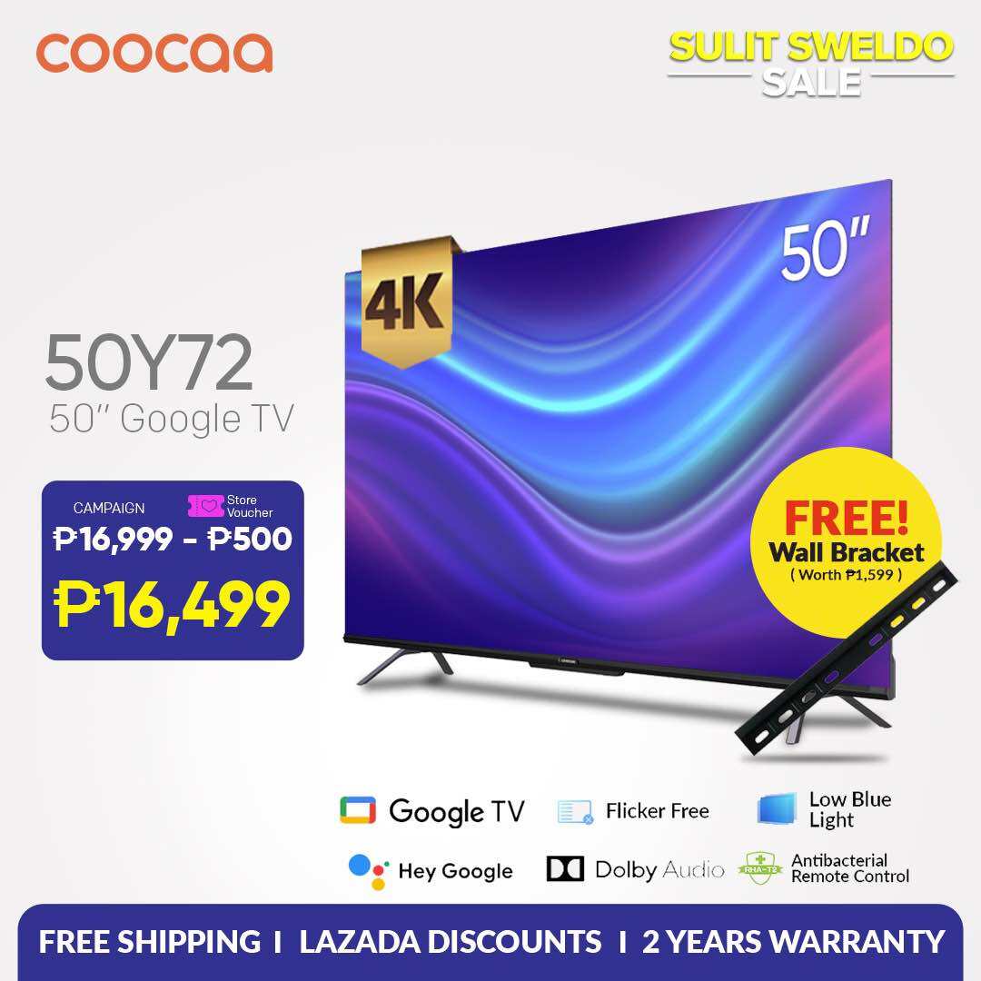 50 Inch ( 50Y72 ) Coocaa - Google TV, Flicker Free & Low bluelight, Antibacterial Remote, Farfield Google Assistant, Dolby Audio DTS , Chameleon Extreme, HDR10, Cast Play, Boundless Screen 4.0, Free Wall Bracket