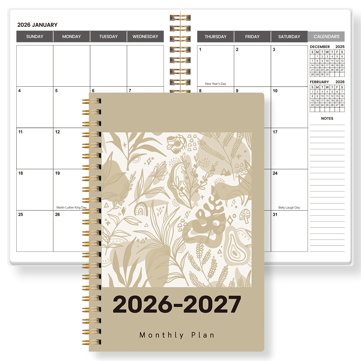 2026–2027 A5 Monthly Planner Spiral Notebook Beige Botanical Cover 24-Month Calendar Agenda Organizer for Work & Study