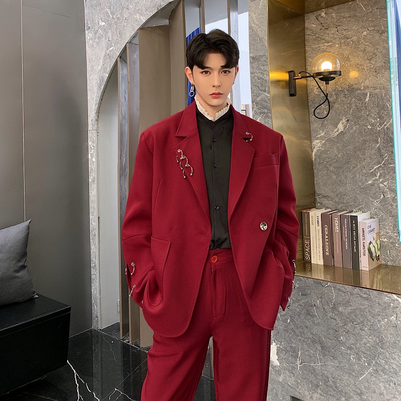 Red Suit Jacket Men Korean Style Trend Loose Leisure Cool Suit Spring  Vintage Tops Male Fashion