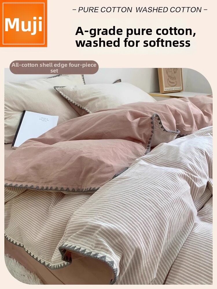 WUYINLIANGPIN | Pure Cotton Bed Sheet Set with Simple Stripes Presyo 2,603 Piso*Libreng Shipping