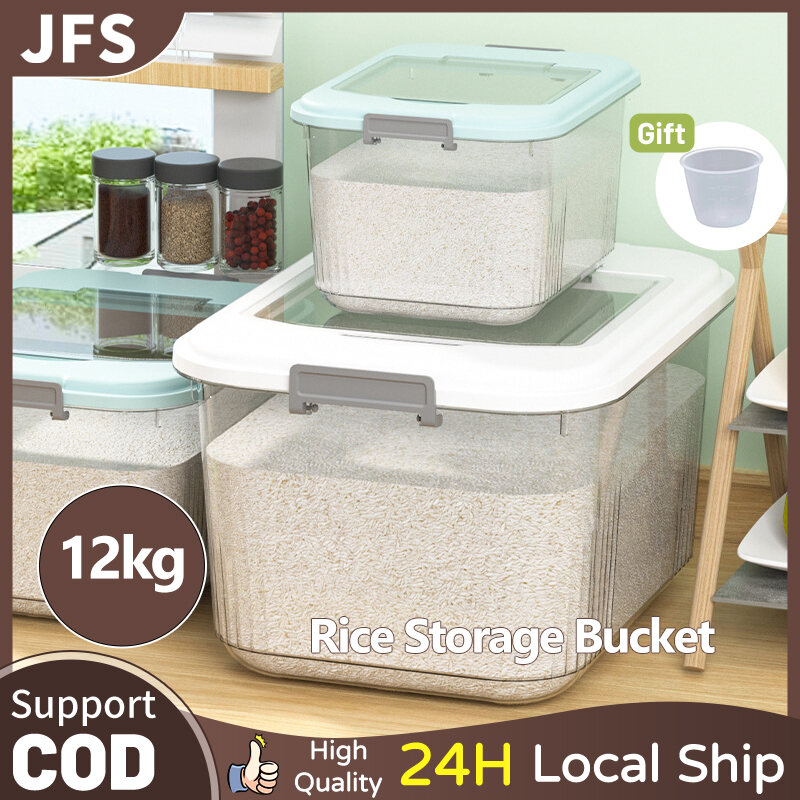 JFS 12KG Rice Storage Container rice dispenser Measuring Cup and Lid Transparent Food Container