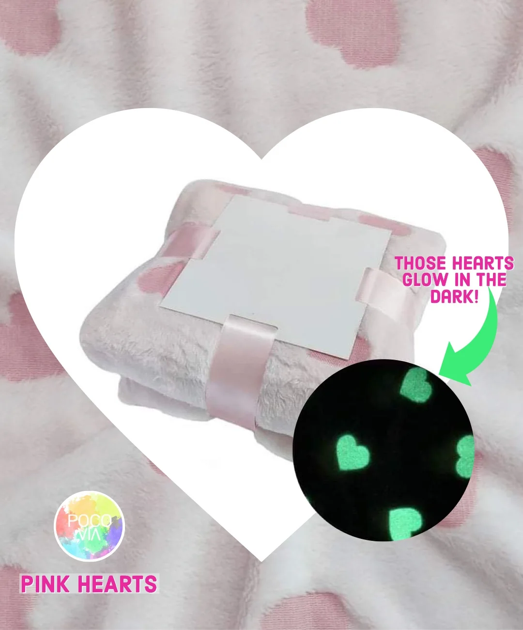Glow in the Dark High Quality Fleece Blanket - Pink Hearts (Double Size)