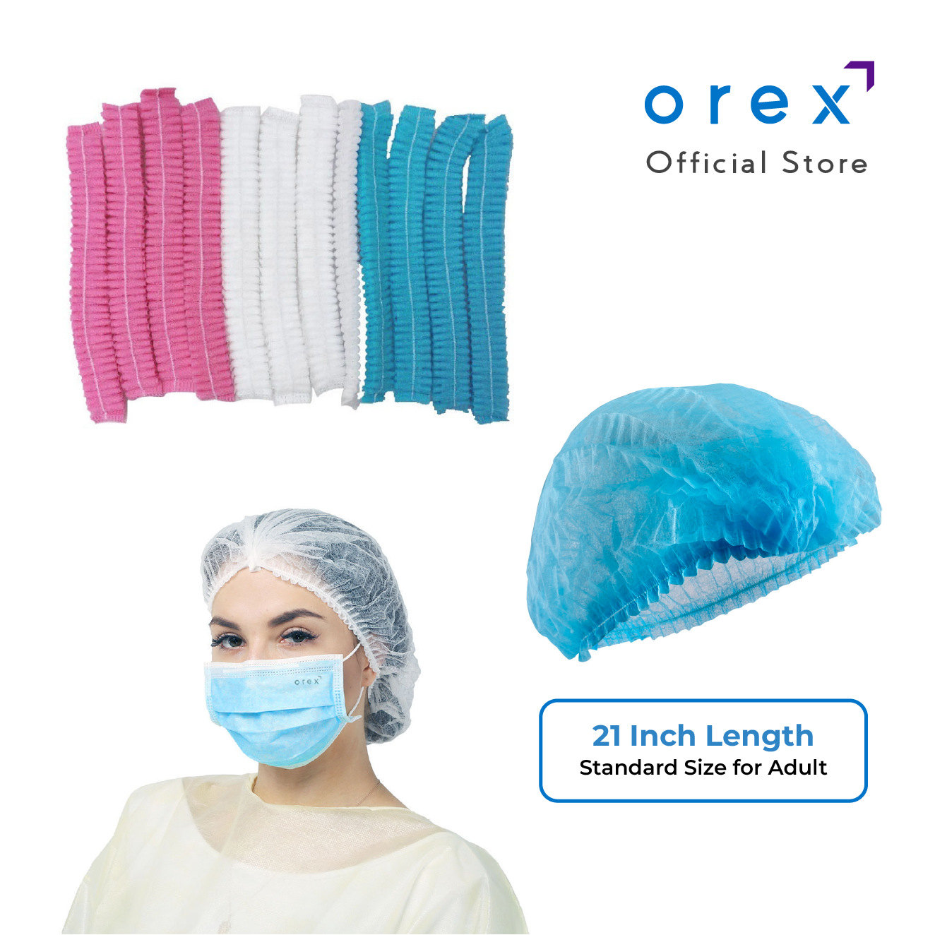 Orex 21 inch Disposable Bouffant Cap / Head Cap / Surgical Cap / OR Cap / Mob Cap / Hair Net