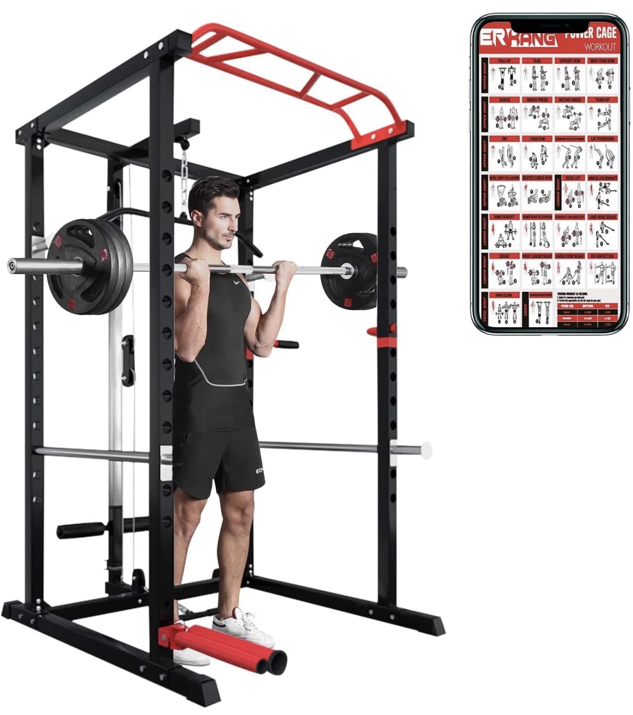 360 Degree Landmine 1000 lbs Light Commercial Weight Cage with LAT Pull-Down Pulley System ER KANG Olympic Power Cage Dip Bars and Other Attachments 