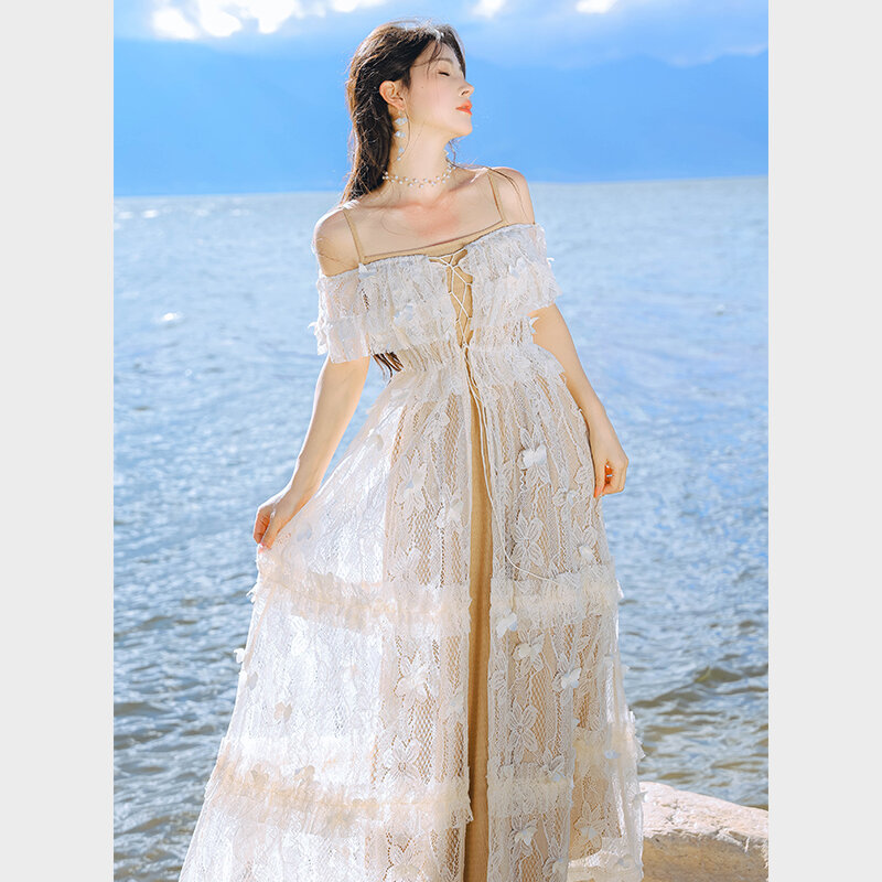 off shoulder bohemian dress philippines Boho Off Shoulder Tiered Maxi Dress for Women - Cream Puff Sleeve Flowy Long Gown