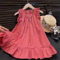 Bera Leader Korean Version Sleeveless Pleated Dress Solid Color Round Neck Childrens Clothes Summer Kids Dresses for Girls Wear