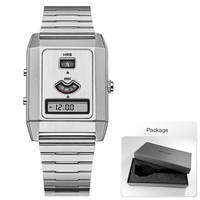 Fashion Quartz Electronic Dual Movement Mens Watch Tri-Display Backlight Alarm Unisex Wristwatch with Stainless Steel Strap