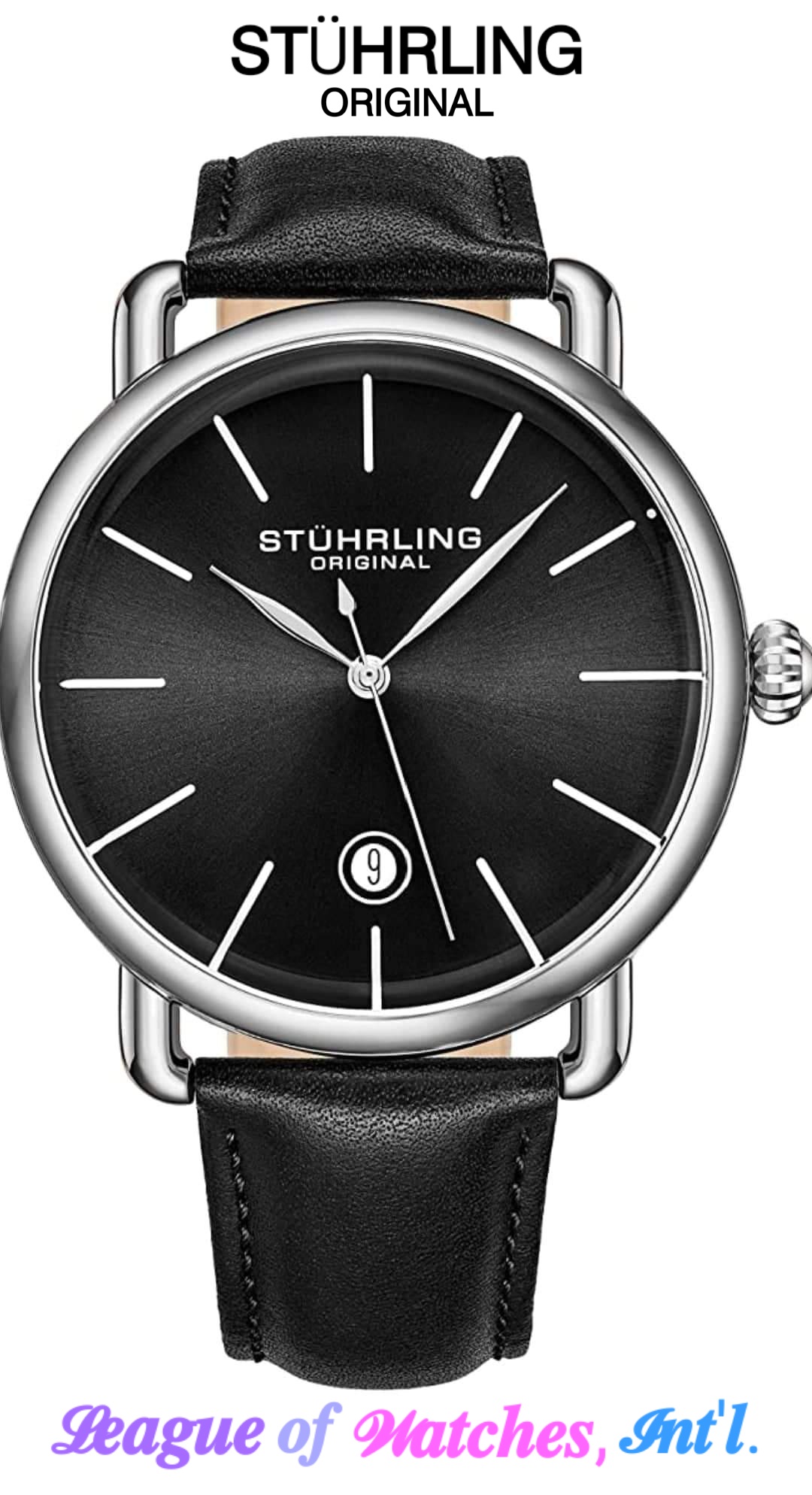 Stuhrling Original Mens Black Watch Calfskin Leather Strap Classic