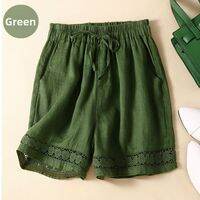 Lieoyuarn | Cotton Linen Vintage Elastic Waist Loose Shorts for Women Summer Lightweight Floral Lace Trim Casual Comfortable Shorts