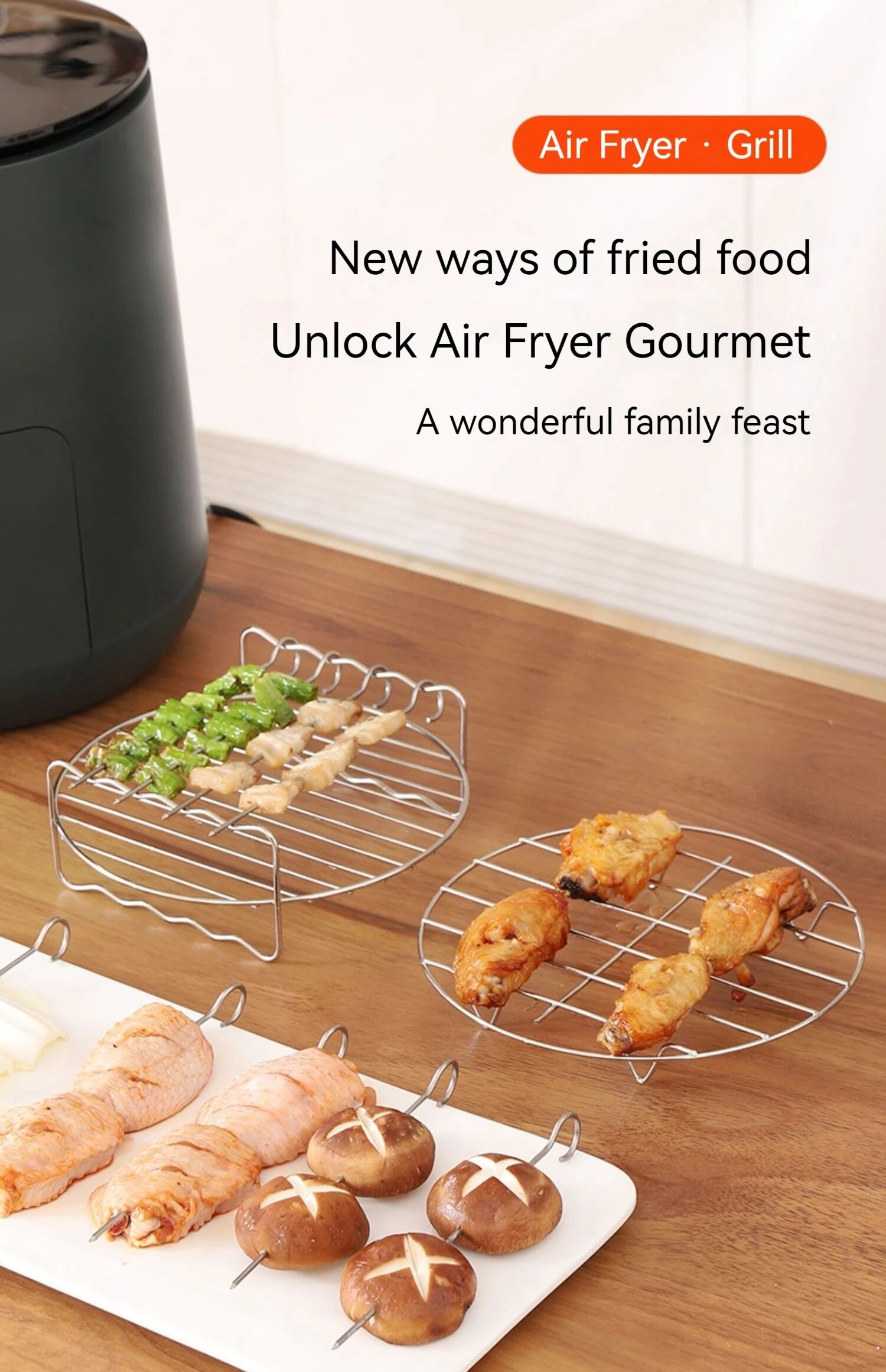 430 Stainless Steel Air Fryer Rack With 4 Roast Meat Picks, Grill