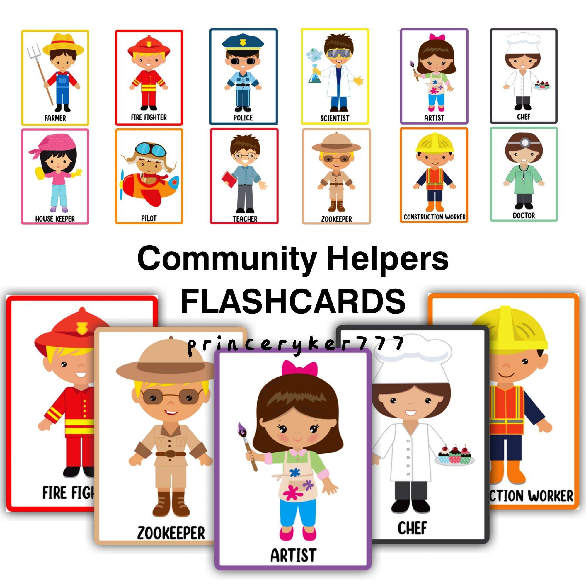 COMMUNITY HELPERS Laminated Teaching Flashcards For Kids Toddlers 