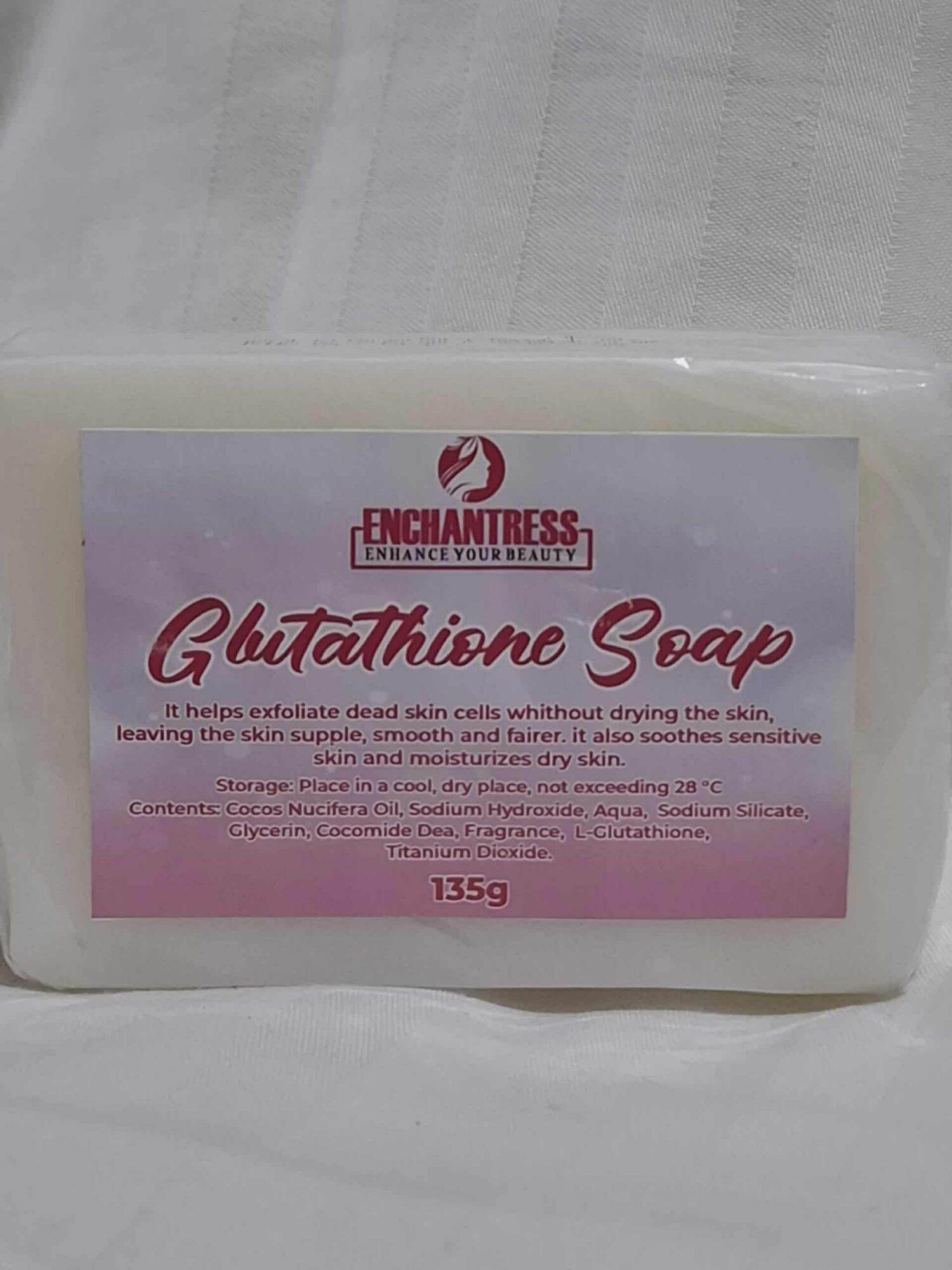 enchantress glutathione soap ENCHANTRESS GLUTATHIONE SOAP EXFOLIATE DEAD SKIN SMOOTH AND FAIRER SKIN  SOOTES SENSITIVE SKIN MOISTURIZES DRY SKIN 135 G Gentle Formula  Moisturizing Brightening Nourishing Dry Skin - Lazada