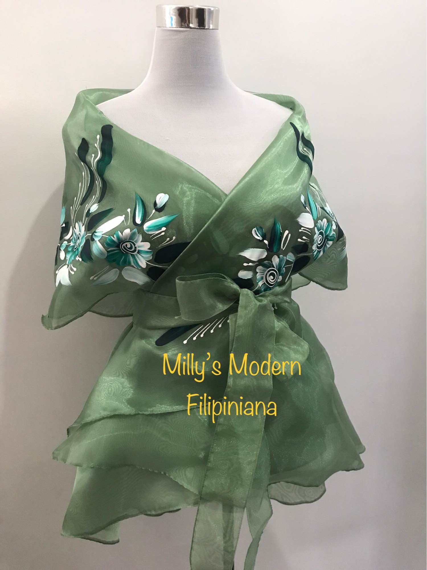 Modern Filipiniana wrap around Sage Green Neutral dakr green hand paint Lazada PH