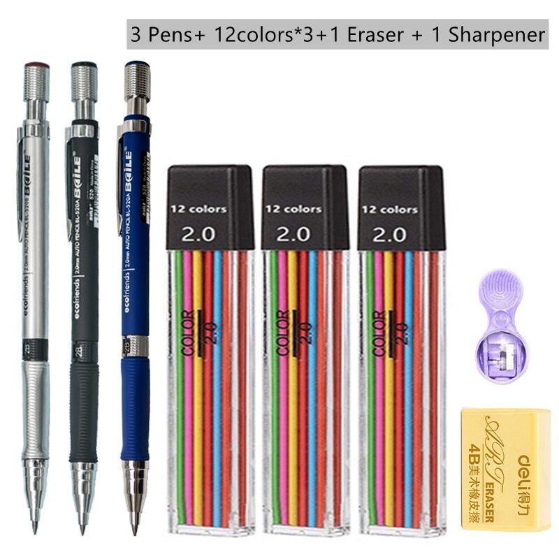 Mechanical Pencil Set 2.0 mm with 2B Black/Colors Lead Refill For